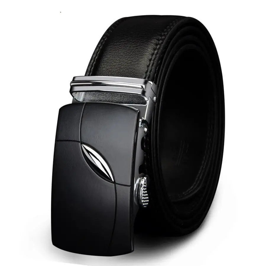 Black leather ratchet belt with silver buckle for a sleek and stylish look
