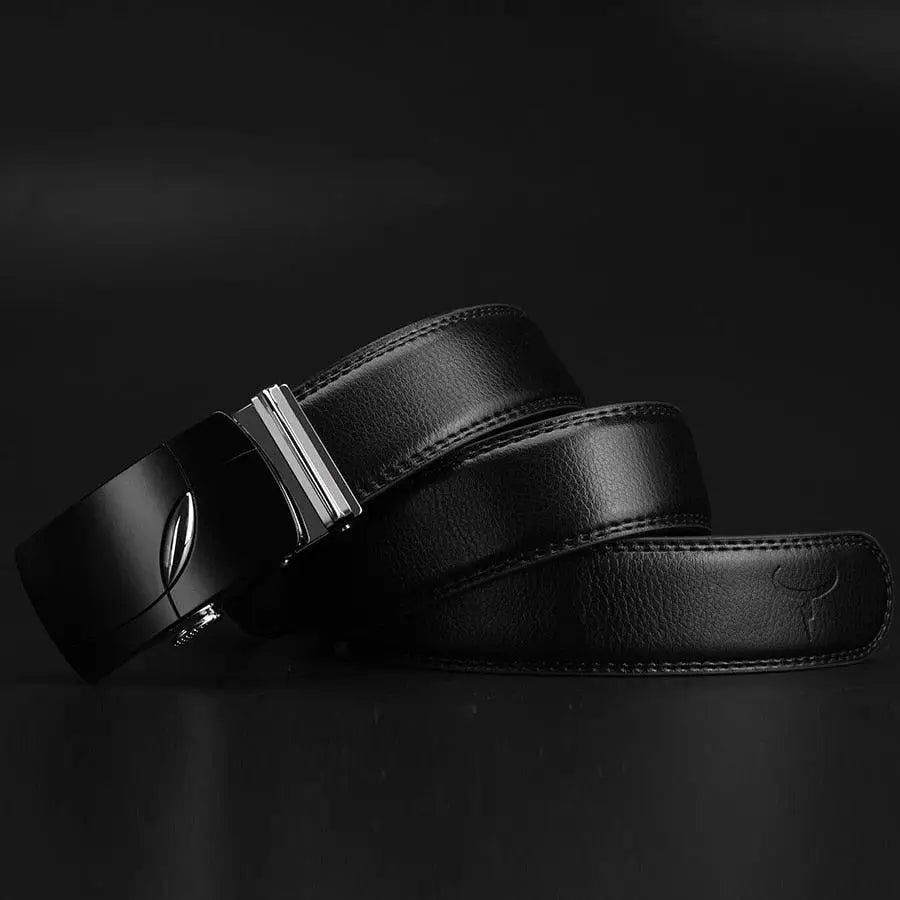 Black leather belt with a silver buckle for style and durability