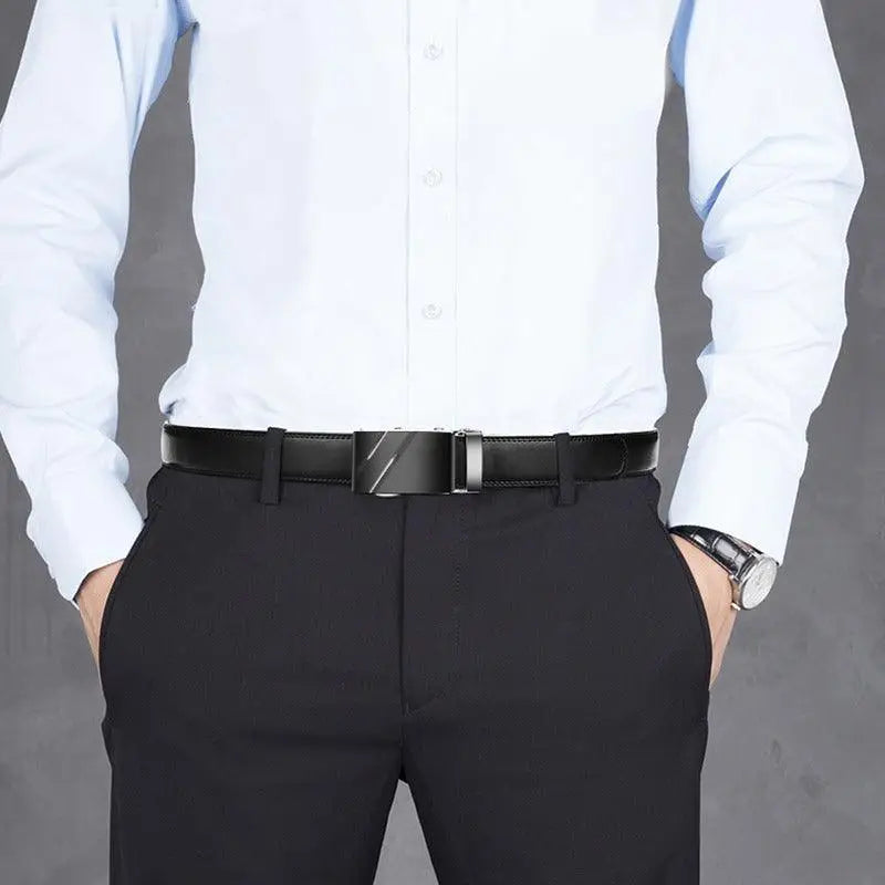 Genuine leather Kote belt with striped buckle, ideal as a suit belt for formal attire