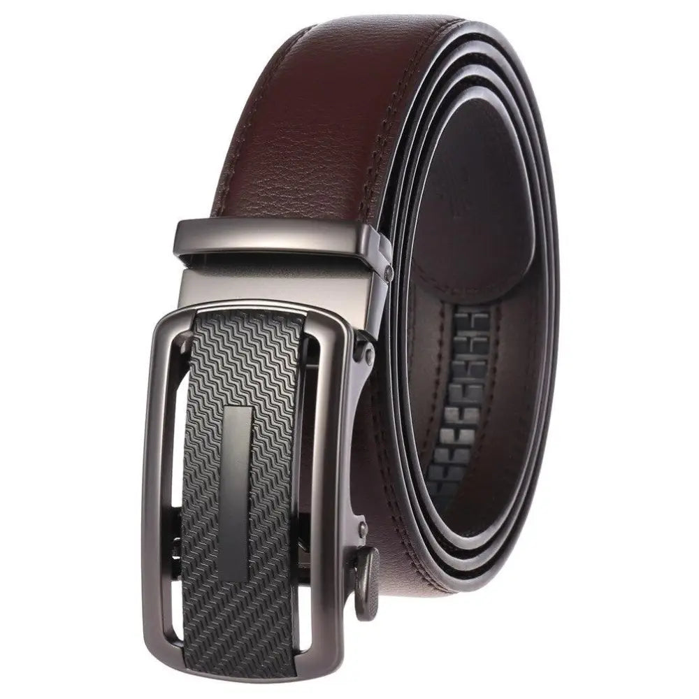 Brown leather ratchet suit belt from Kovacs Suit Belt Set with stylish Kovacs suit design