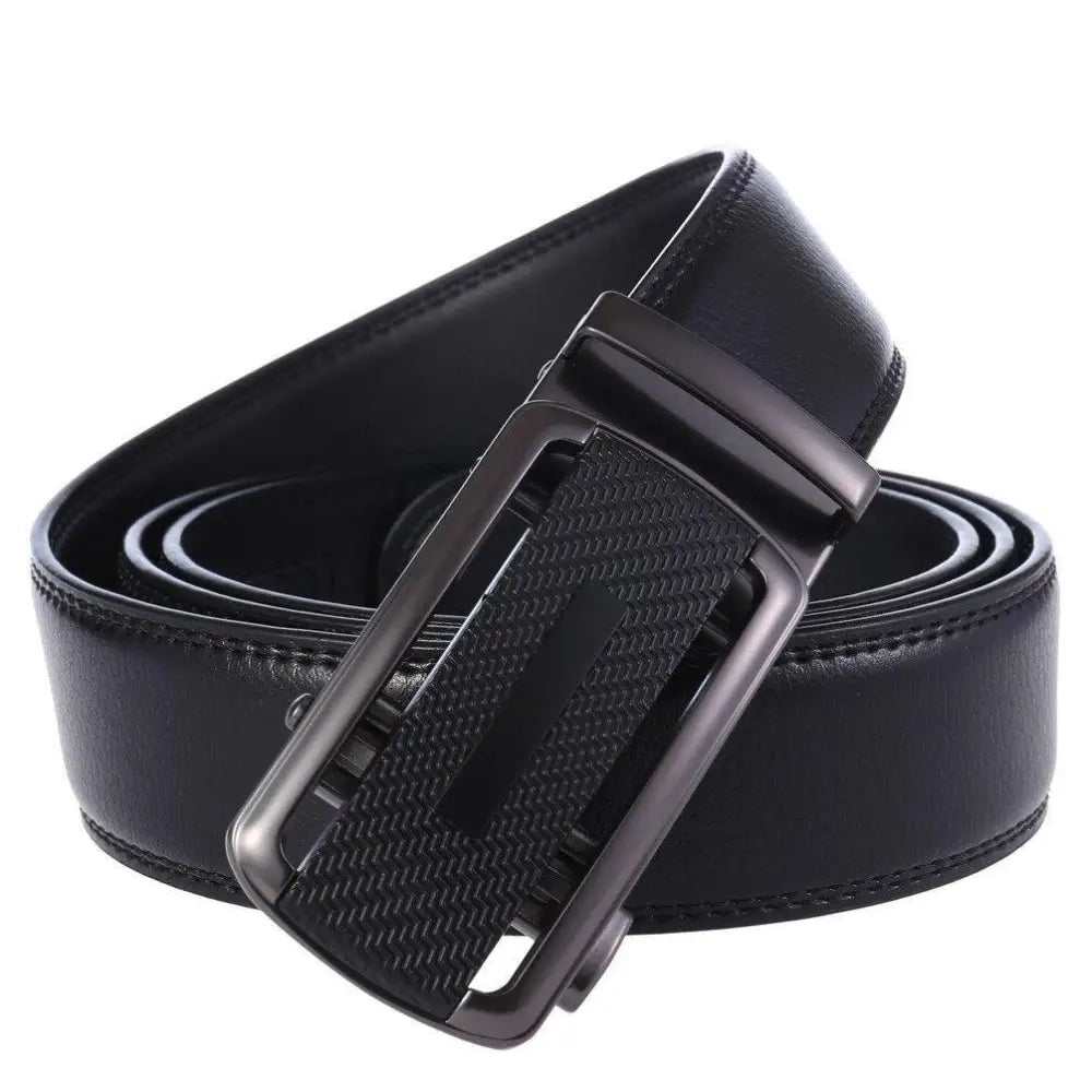Kovacs suit belt with textured buckle and black leather strap for formal attire