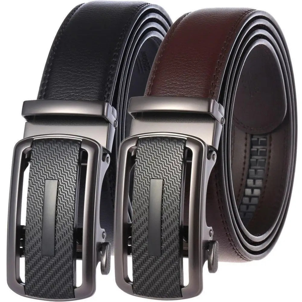 Kovacs suit belt set with two leather ratchet belts in black and brown for formal wear