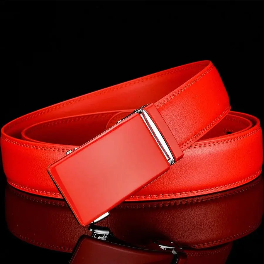 Red leather belt with silver buckle from Kristvar Men’s Leather collection