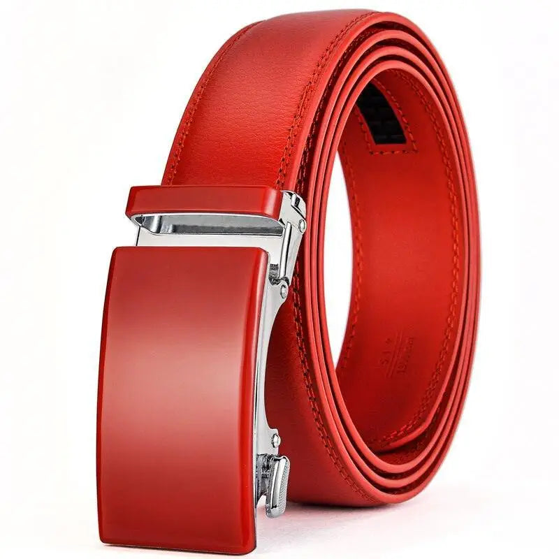 Red leather belt with silver buckle from Kristvar Men’s Leather collection for men