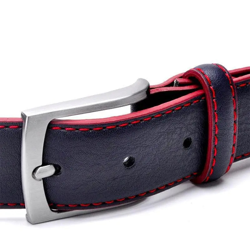 Blue Memphis Men’s Leather Belt with Red Stitching and Yellow Trim