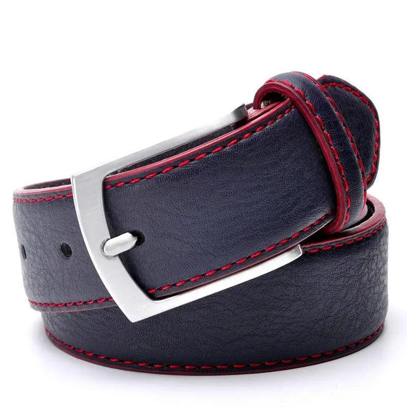 Navy Memphis Men’s Leather Belt with Red Stitching and Yellow Trim