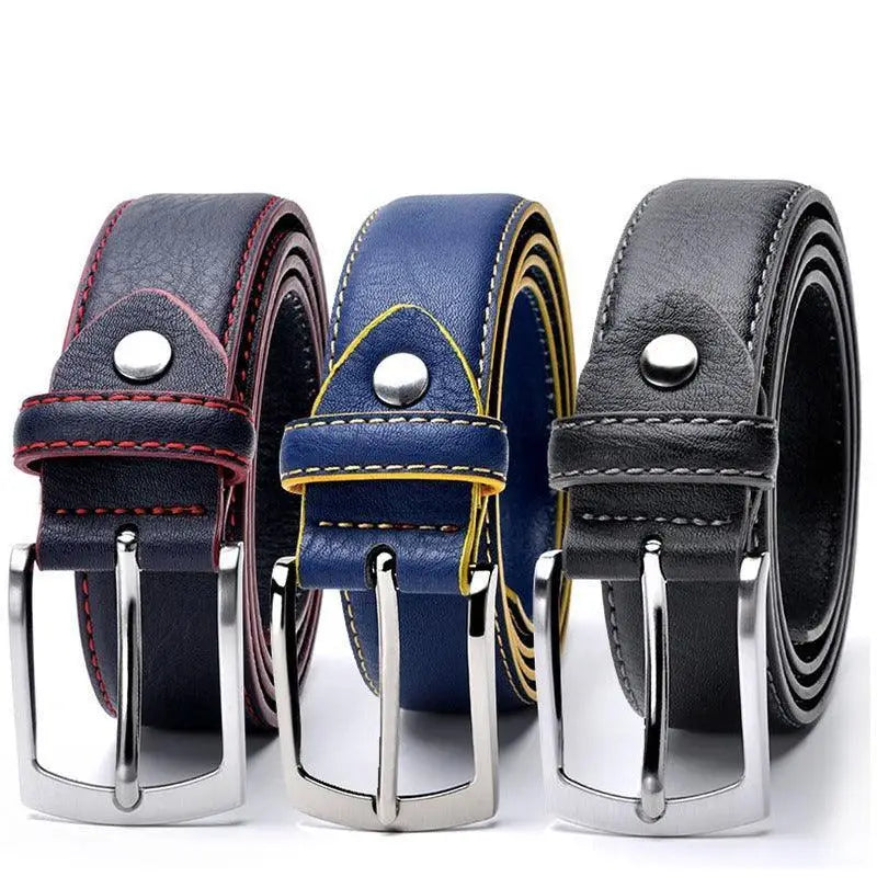 Three Memphis Men’s Leather Belts with metal buckles featuring red stitching and yellow trim