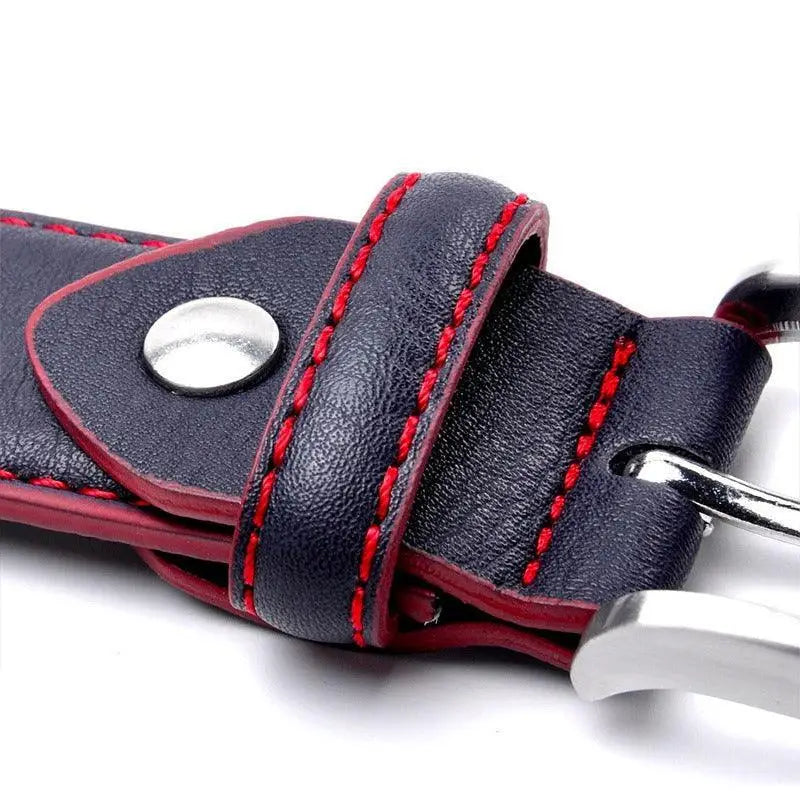Memphis Men’s Leather Belt in Blue with Red Stitching and Yellow Trim