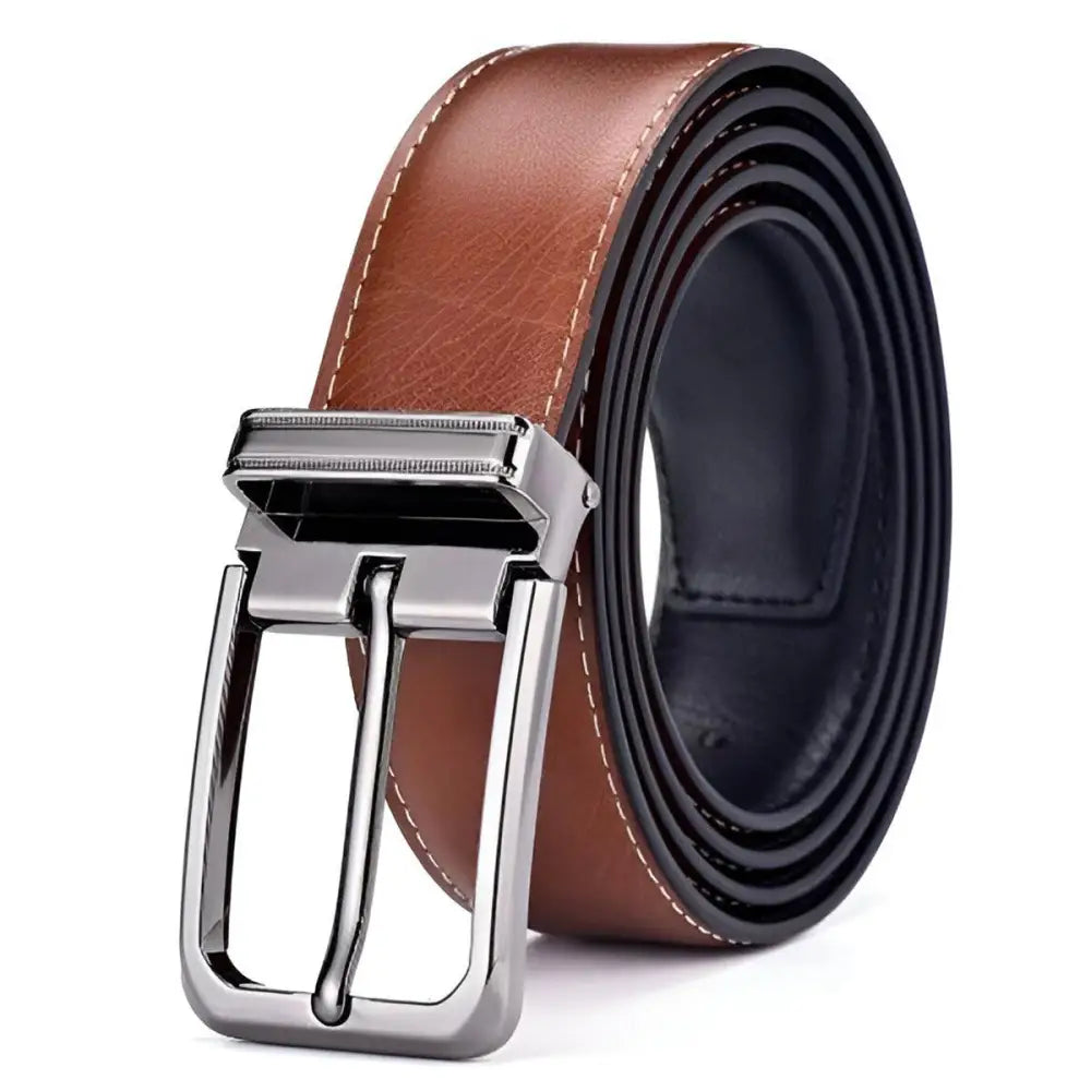 Leather suit belt in brown with silver buckle, high-quality belt en cuir for men