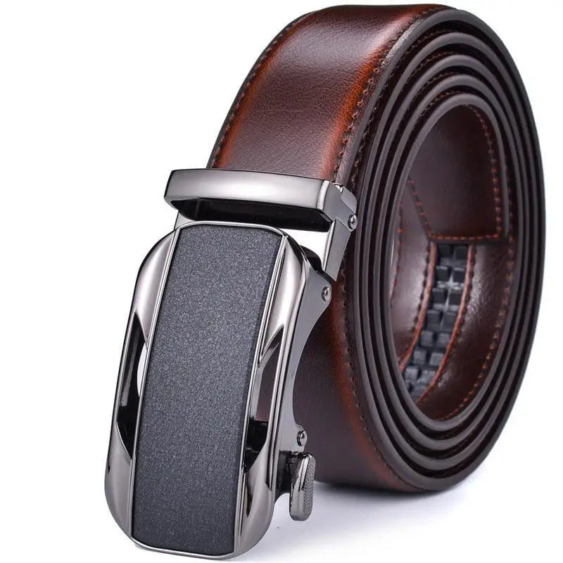 Brown leather ratchet belt featuring a black and silver buckle for a sleek appearance