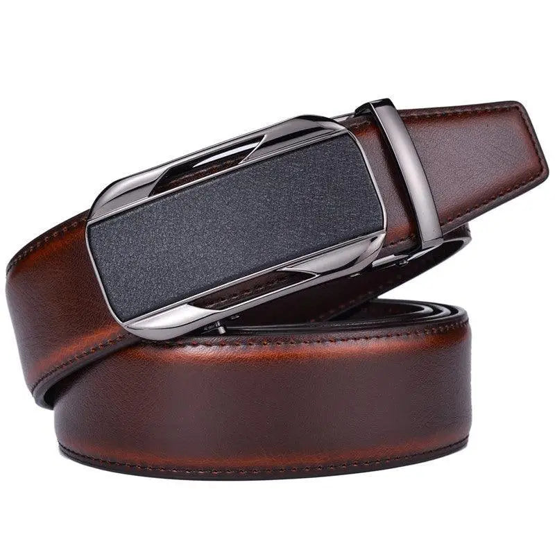 Brown leather ratchet belt with a silver buckle on a white background