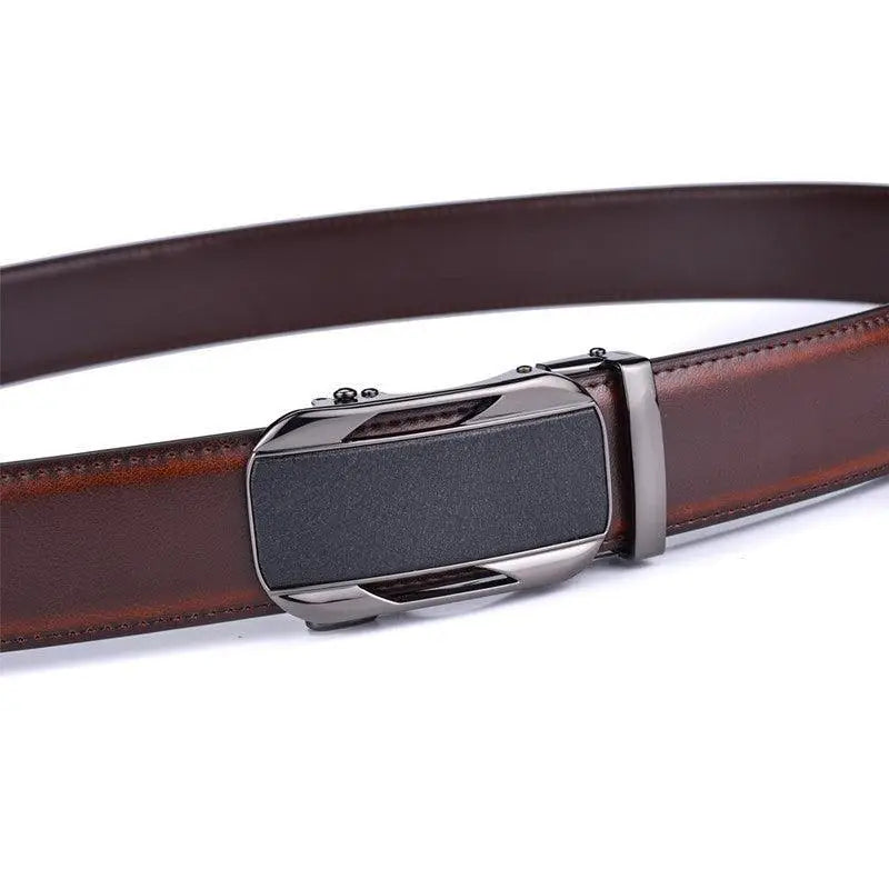 Brown leather ratchet belt with a black and silver buckle for stylish men’s accessories