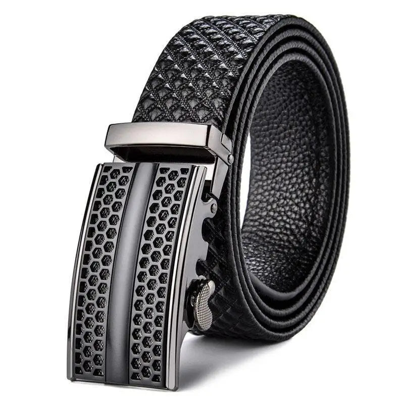 Black leather ratchet belt with patterned buckle from Men’s Leather Shertur collection