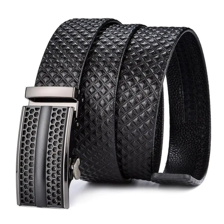 Black textured leather belt with patterned metal buckle from Men’s Leather Shertur collection