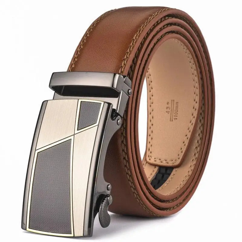 Brown leather Thucer belt with modern geometric buckle for suit or casual wear