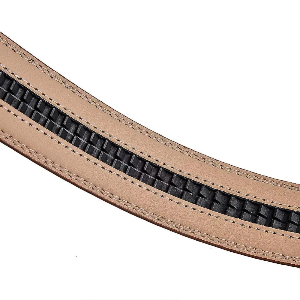Thucer Belt with tan leather strap and black ratchet track, ideal as a suit belt
