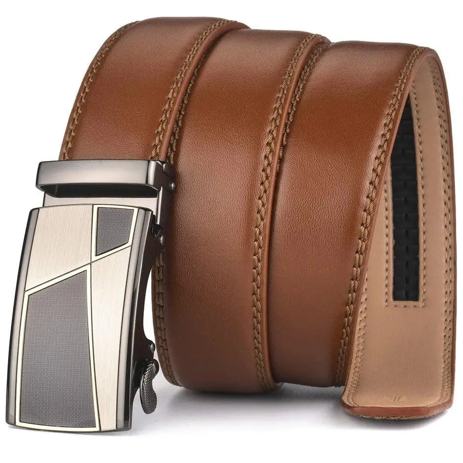 Thucer belt with brown leather and modern geometric buckle, ideal suit belt or casual wear