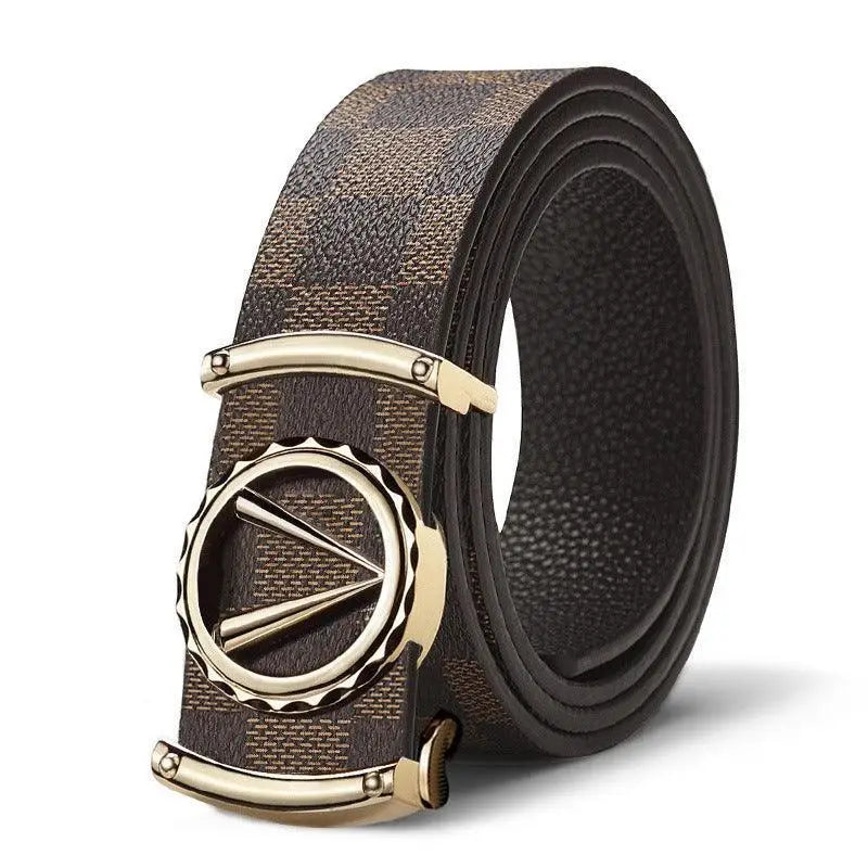 Valerico Belt with Checkered Pattern and Circular Gold Buckle on brown checkered strap