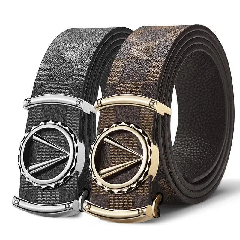 Valerico Belt with Checkered Pattern and Circular Gold Buckle featuring two decorative leather belts