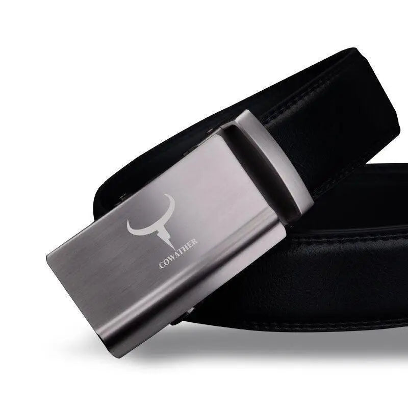 Black leather belt with silver buckle from Men’s Black V-Neck Sweater and Leather Belts