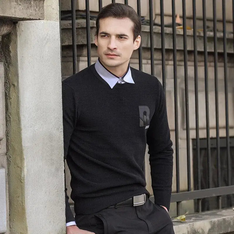 Man’s black V-neck sweater from Men’s Black V-Neck Sweater and Leather Belts collection
