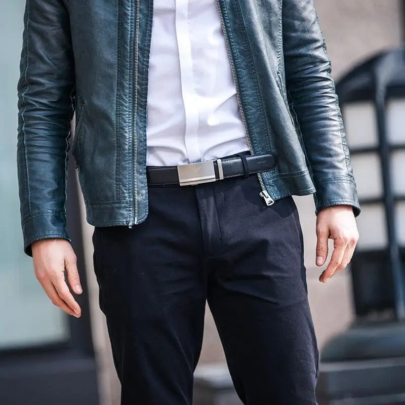 Black leather belt with a silver buckle displayed with Men’s Black V-Neck Sweater