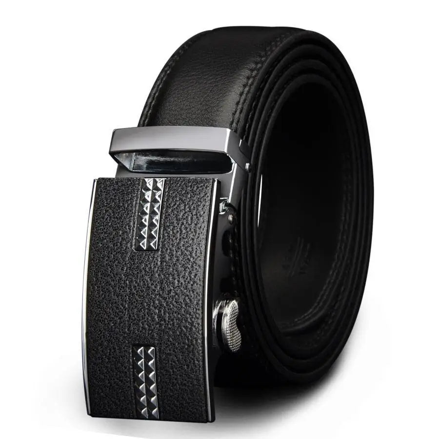 Black leather suit belt with silver buckle for formal attire, stylish belt en cuir