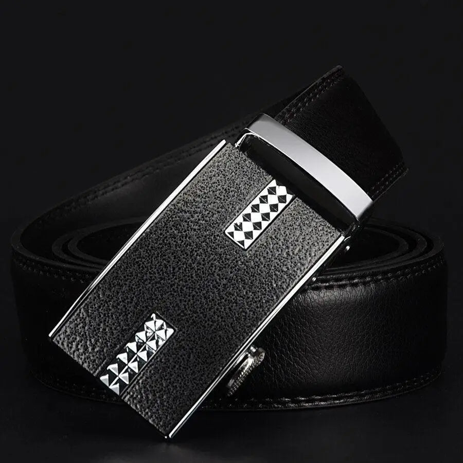 Black leather suit belt with textured silver buckle for formal attire