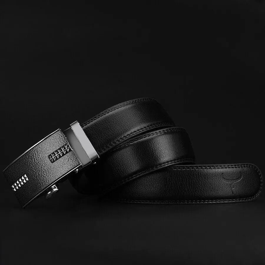 Black leather suit belt with silver buckle for formal attire, durable belt en cuir