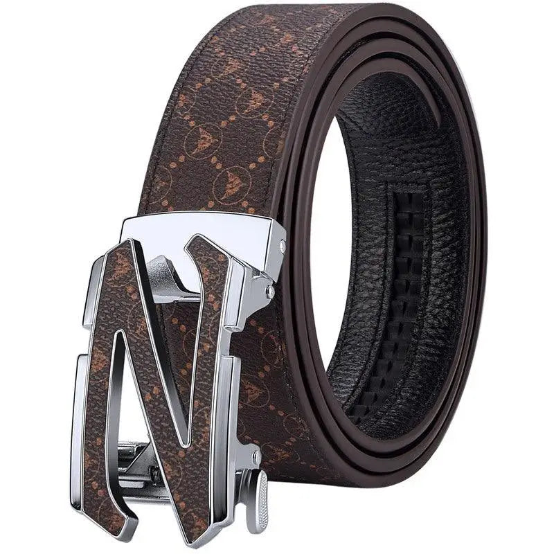 Brown patterned leather suit belt with silver buckle and stylish finish
