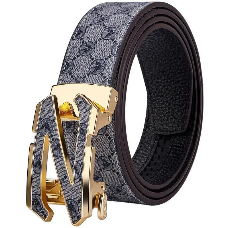 Elegant leather suit belt with patterned finish and gold buckle for sophisticated style