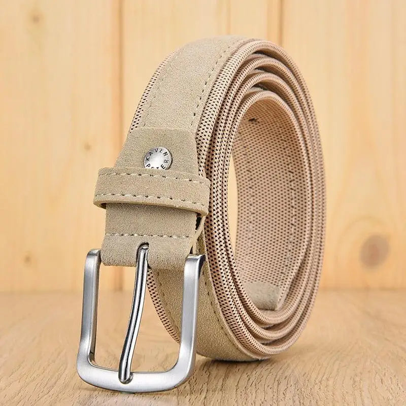 Beige suede belt with silver buckle from Babken Model Tissu pour Homme Blue and Gray