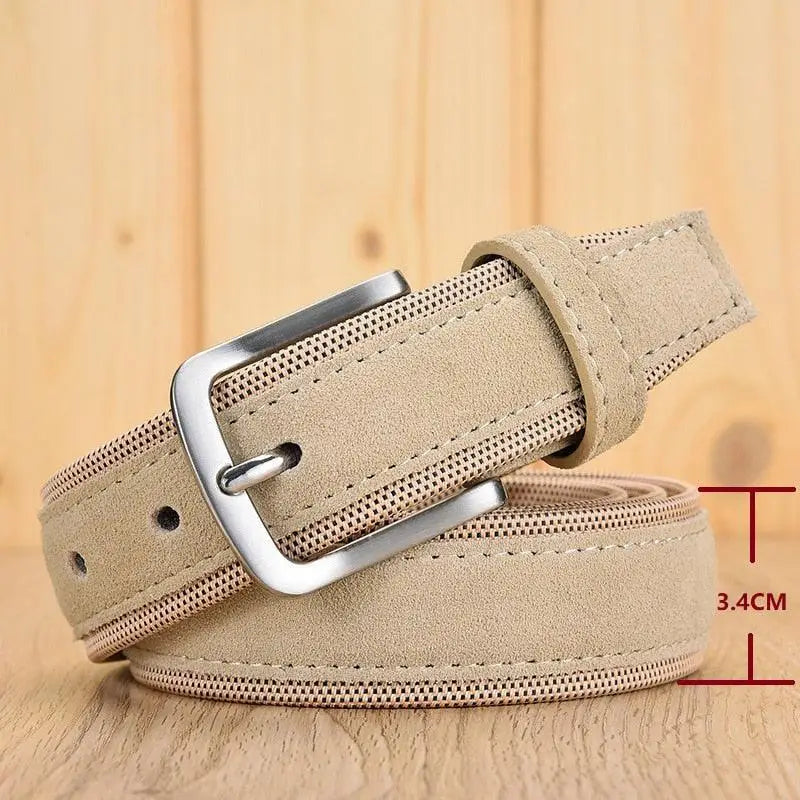 Babken Model beige suede belt with silver buckle for homme, belt en tissu pour homme