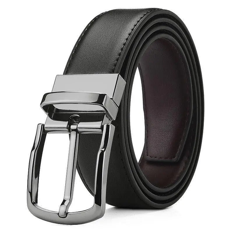 Reversible leather belt with silver buckle for versatile style and durability