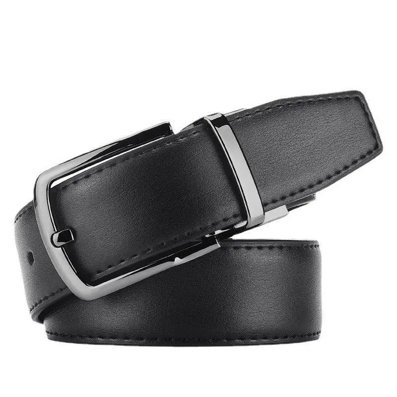 Reversible leather belt with silver buckle for versatile style presentation