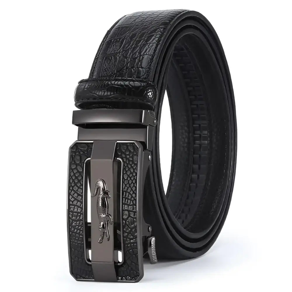 Black leather Tahir Belt with crocodile leather pattern and metal buckle for style