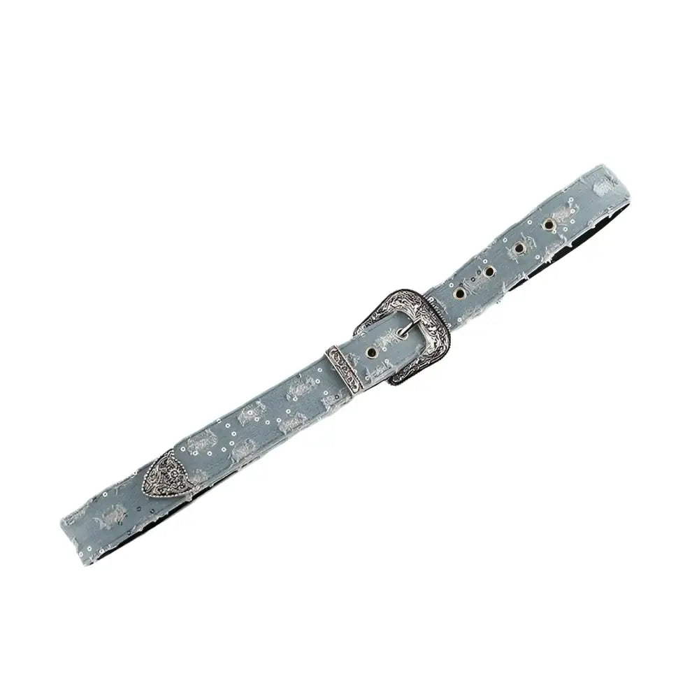 Embroidered light blue belt with silver buckle and decorative buckle detail for ripped jeans style