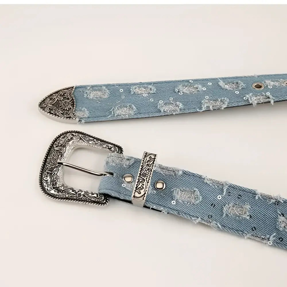 Denim belt with decorative buckle and silver tip for ripped jeans style Tan Mini Cargo Skirt