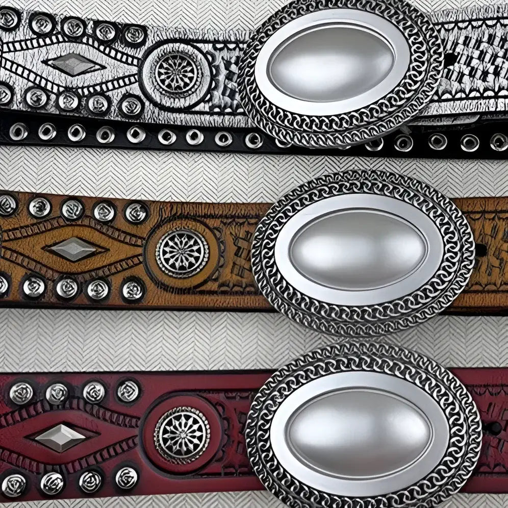Three decorative leather belts from the Tiwa Belt Set with Studded Leather and Oval Buckles