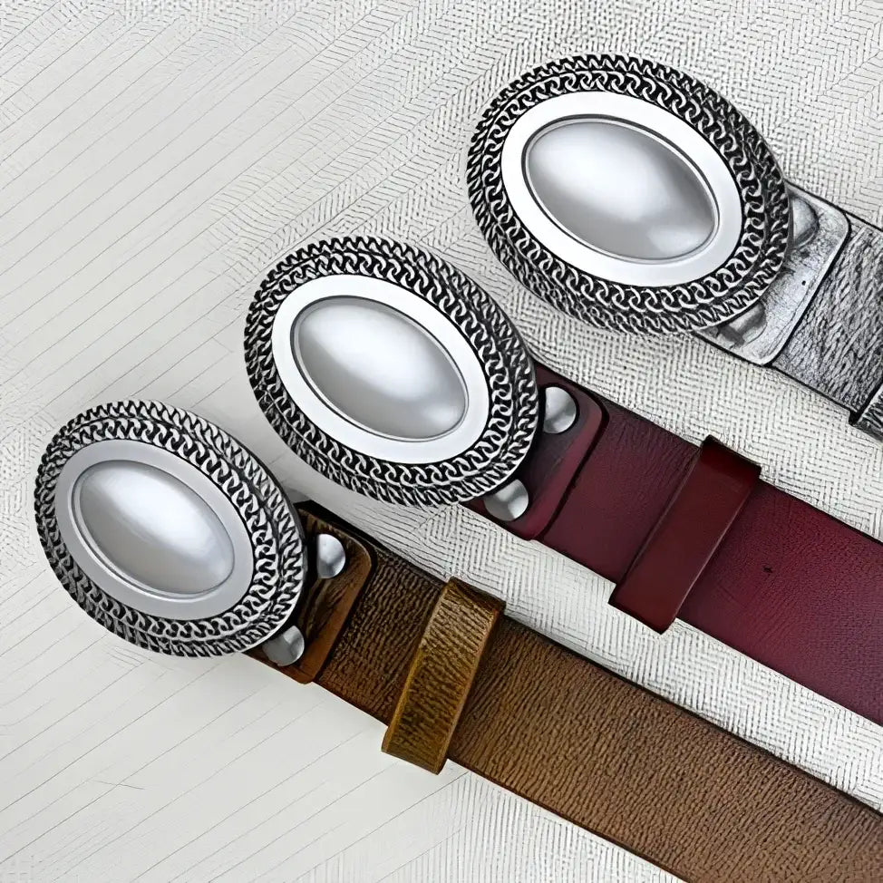 Tiwa belt set featuring three leather belts with oval buckles and studded design for style
