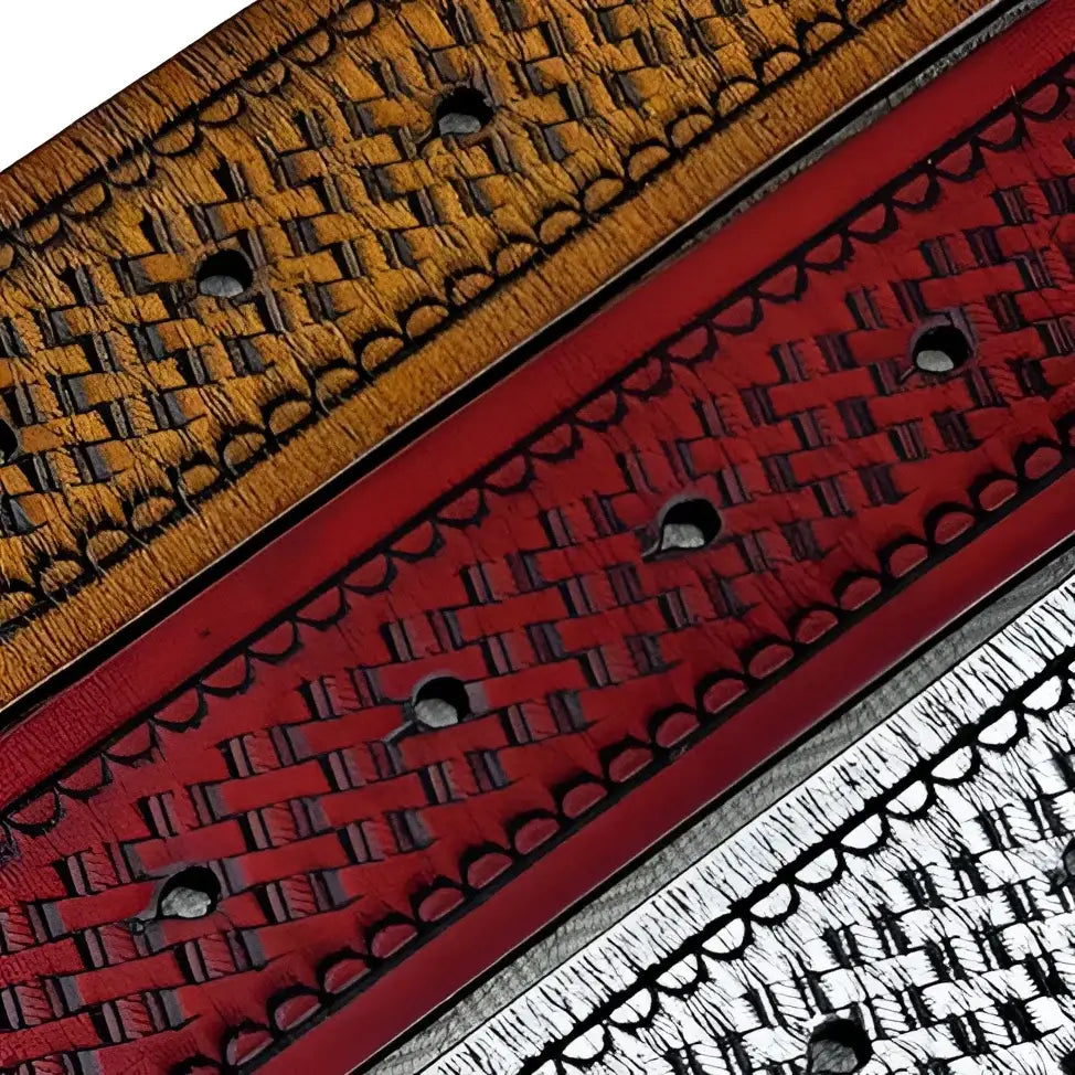 Embossed leather belts with buckle holes from the Tiwa Belt Set with Studded Leather