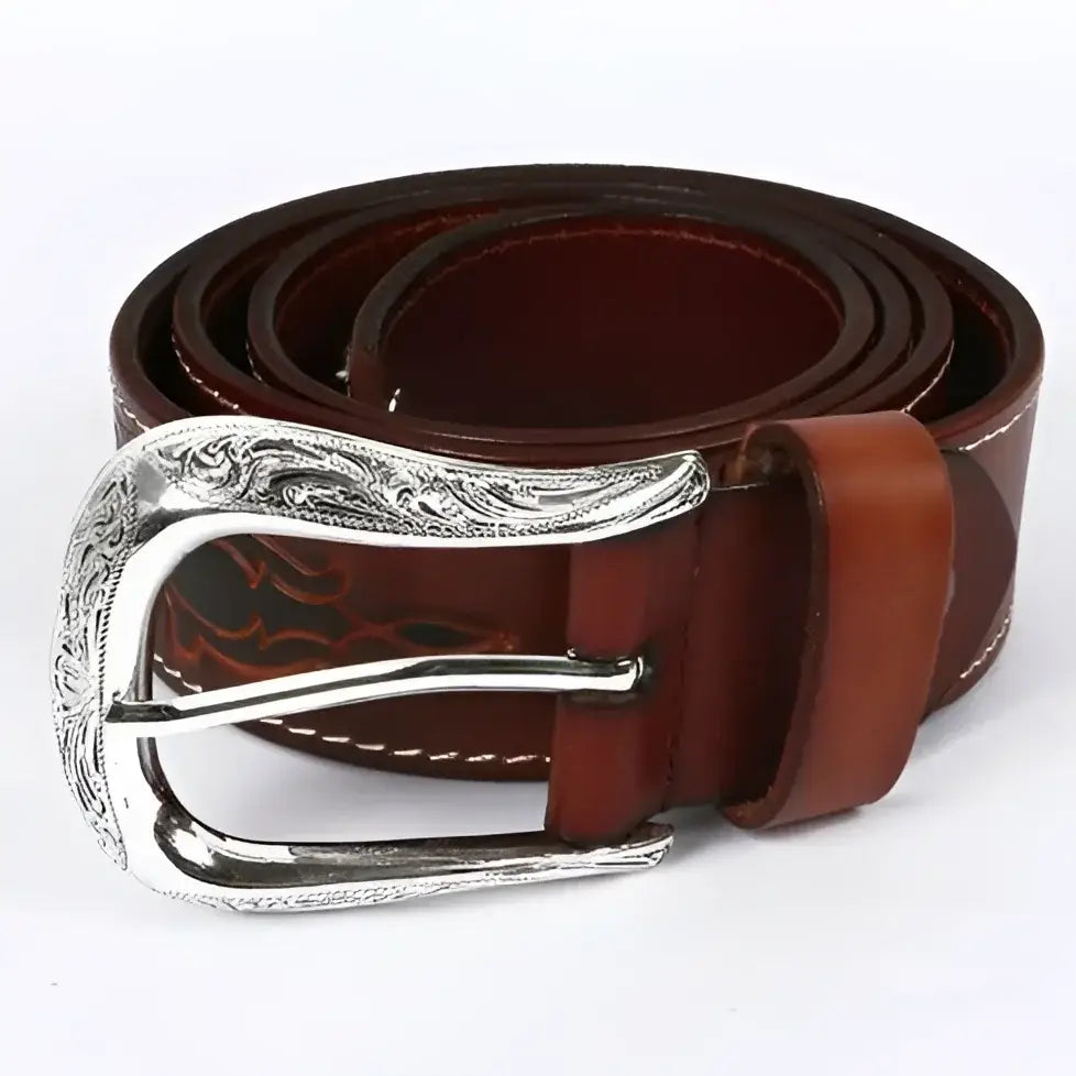 Tsula Belt in Brown Leather with Ornate Silver Buckle and Turquoise Accents