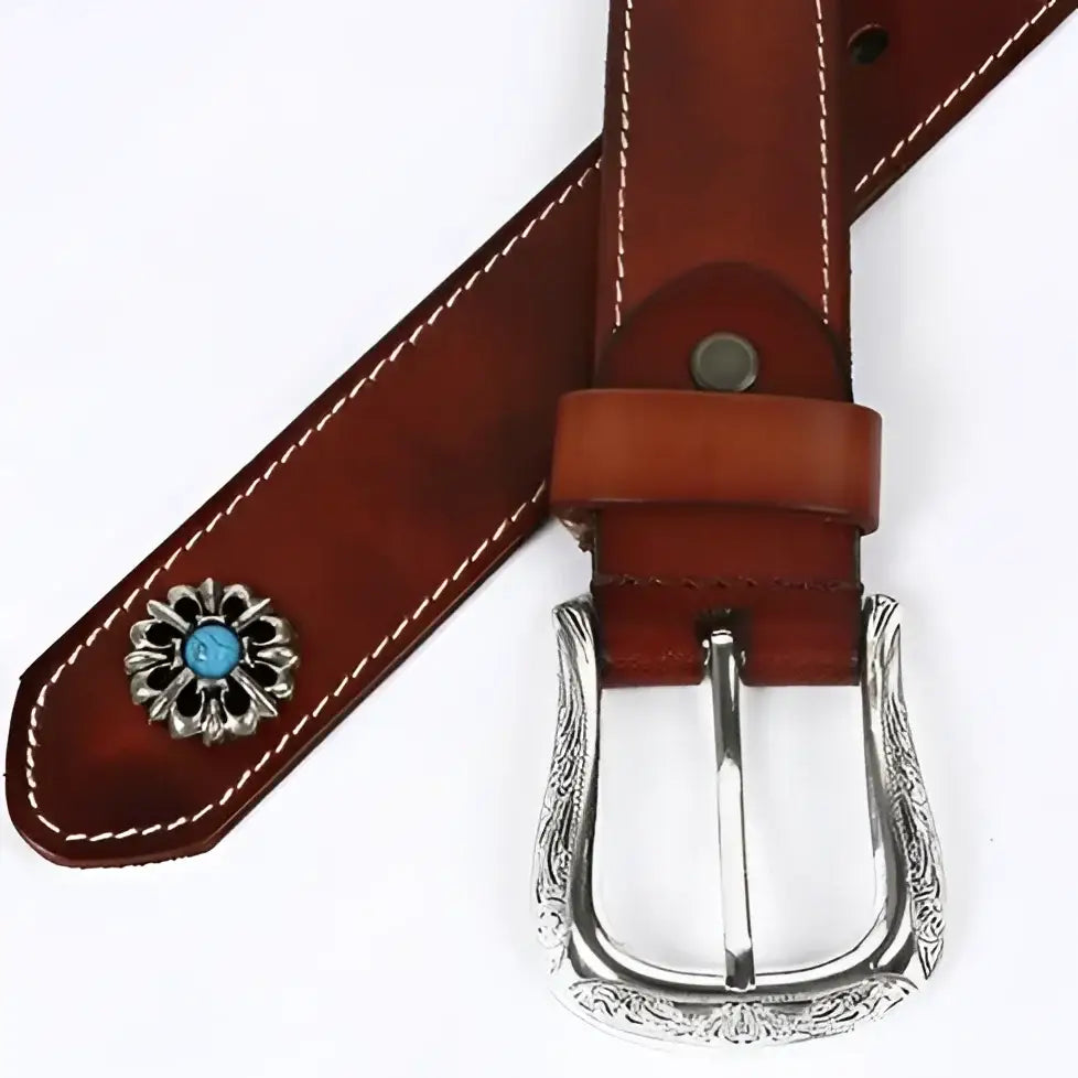 Tsula Belt in Brown Leather with Silver Buckle and Turquoise Accent for Men