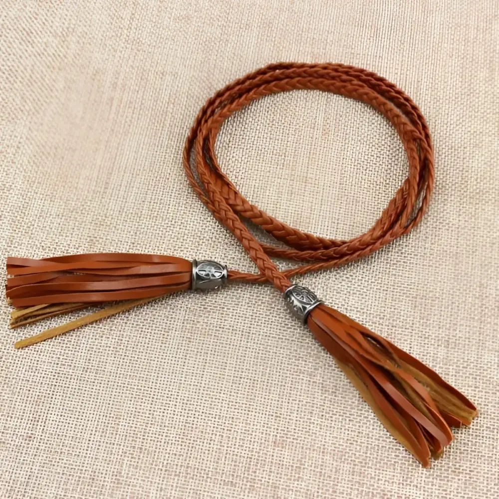 Tumunia Model Tie Belt for Women with Tassel Detailing featuring braided brown leather