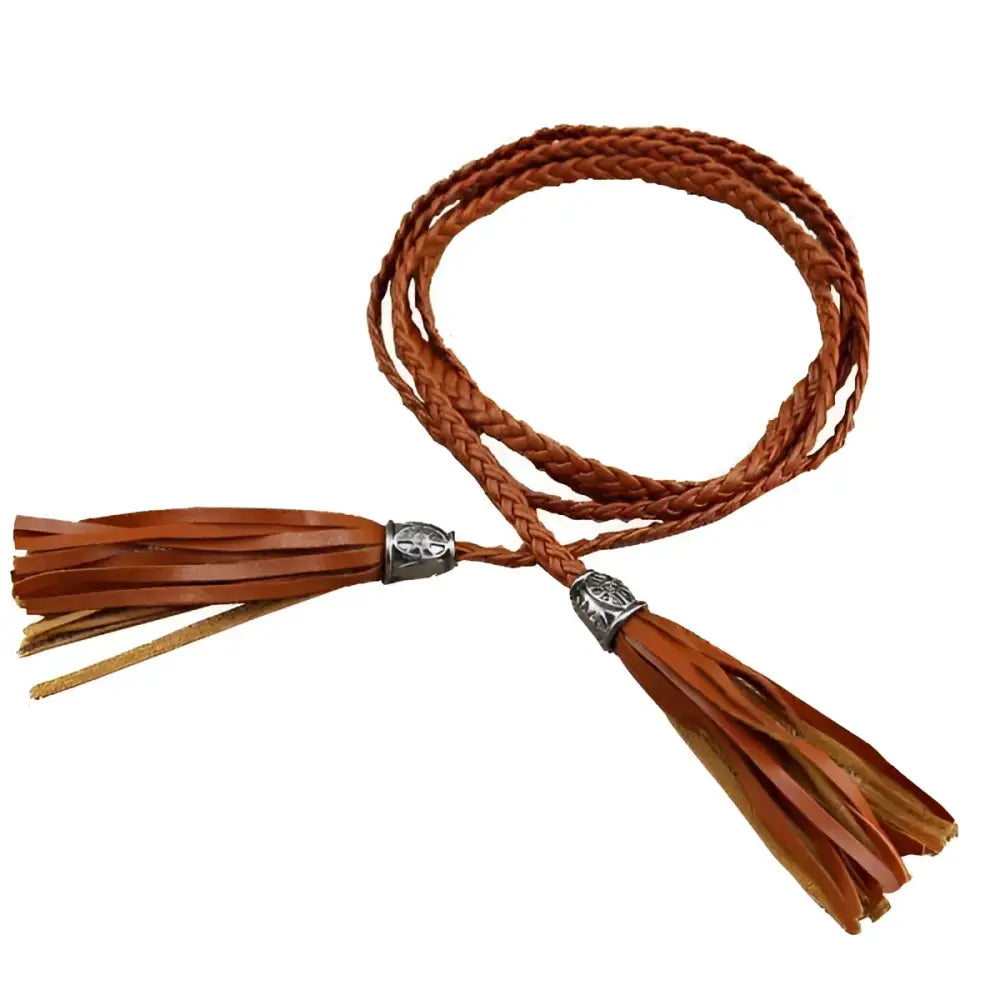 Tumunia Model Tie Belt for Women with Tassel Detailing and Braided Brown Leather