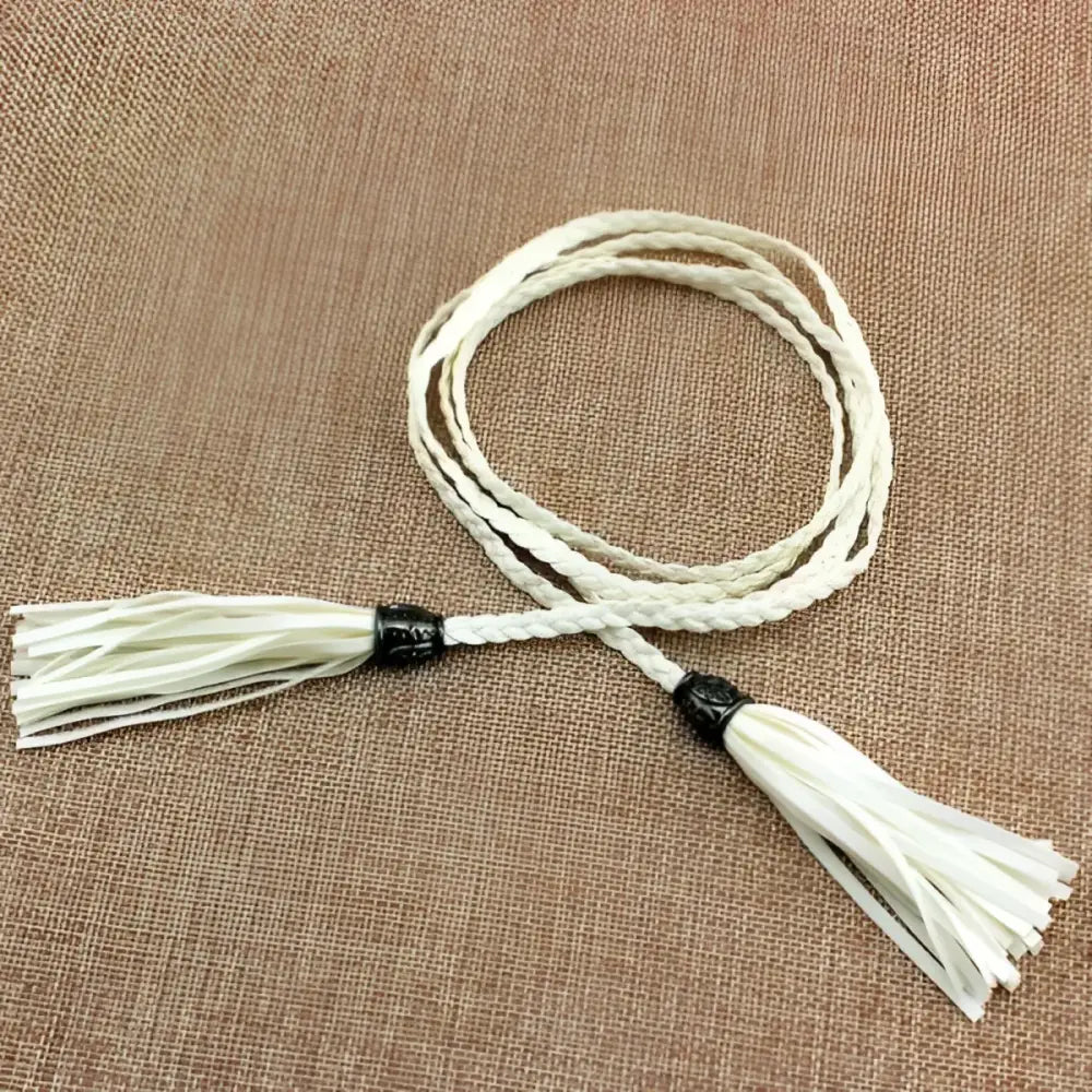 Braided white Tumunia Model tie belt with tassel detailing for women