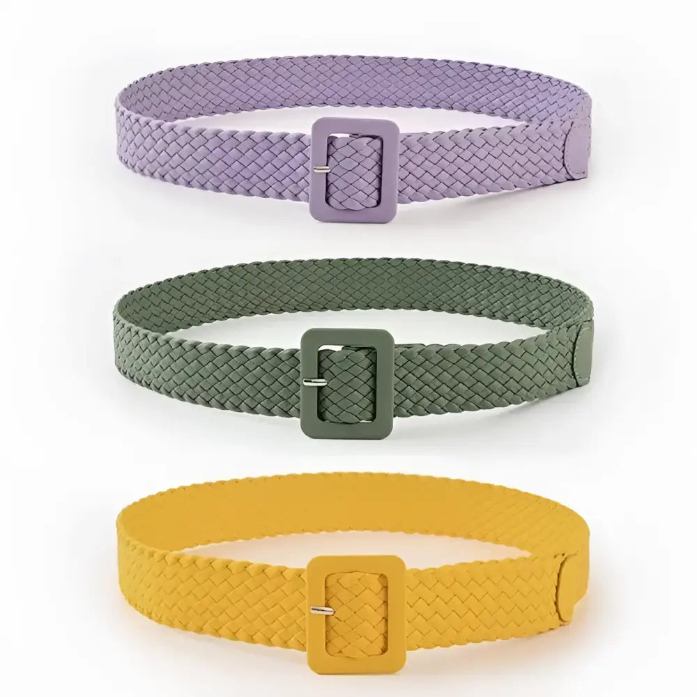 Vavea Belt assorted braided vegan leather belts in lavender, green, and yellow