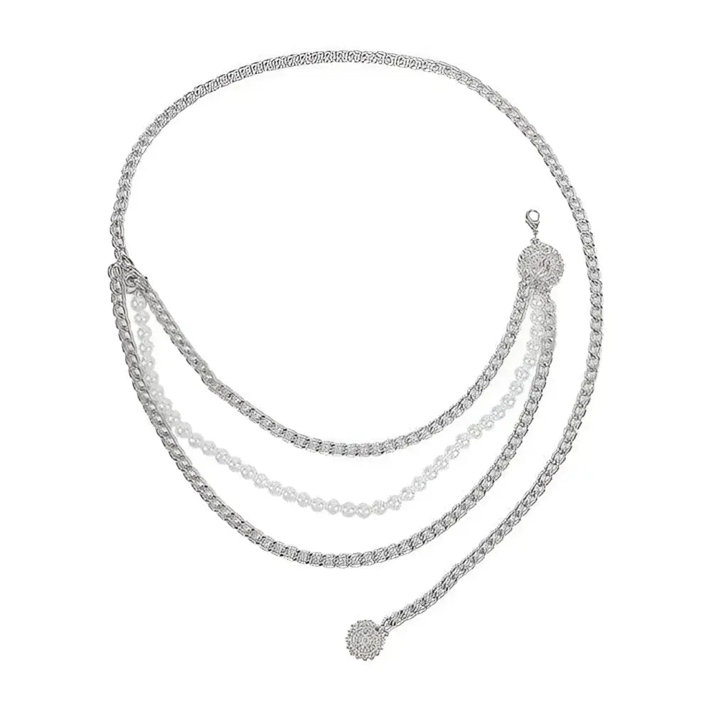 Silver veagea chain belt with pearl accents and silver or gold details