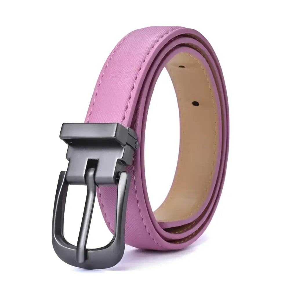Pink leather vegan faux belt with gray metal buckle for stylish fashion accessory