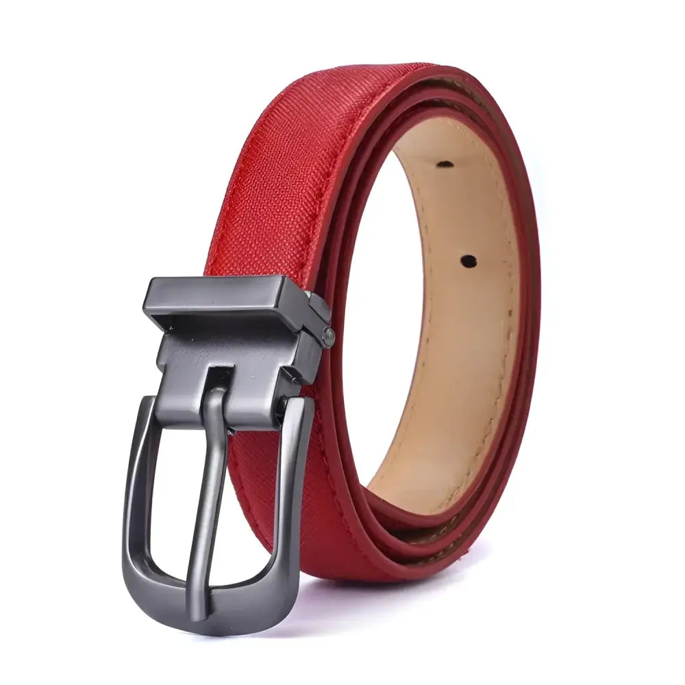 Red leather vegan faux belt with metal buckle from Vegan Faux Belts in Brown Pink